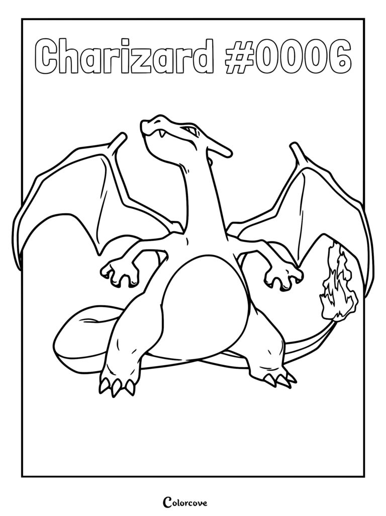Charizard #0006 standing with wings spread wide in a printable coloring page format.