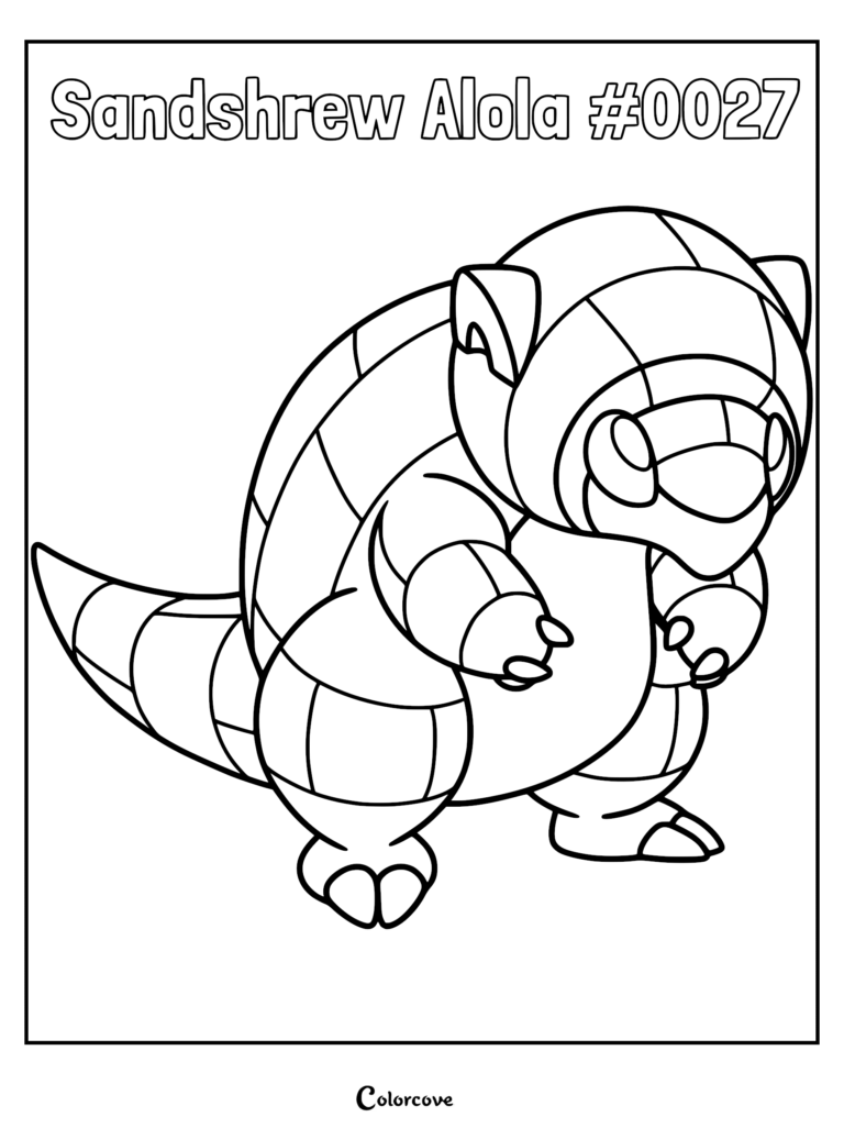 A printable coloring page featuring the icy Alolan Sandshrew with its segmented shell and pointed snout.