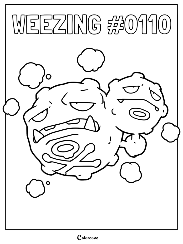 A printable coloring page featuring the dual-headed Poison-type Pokemon Weezing surrounded by floating toxic gas clouds.