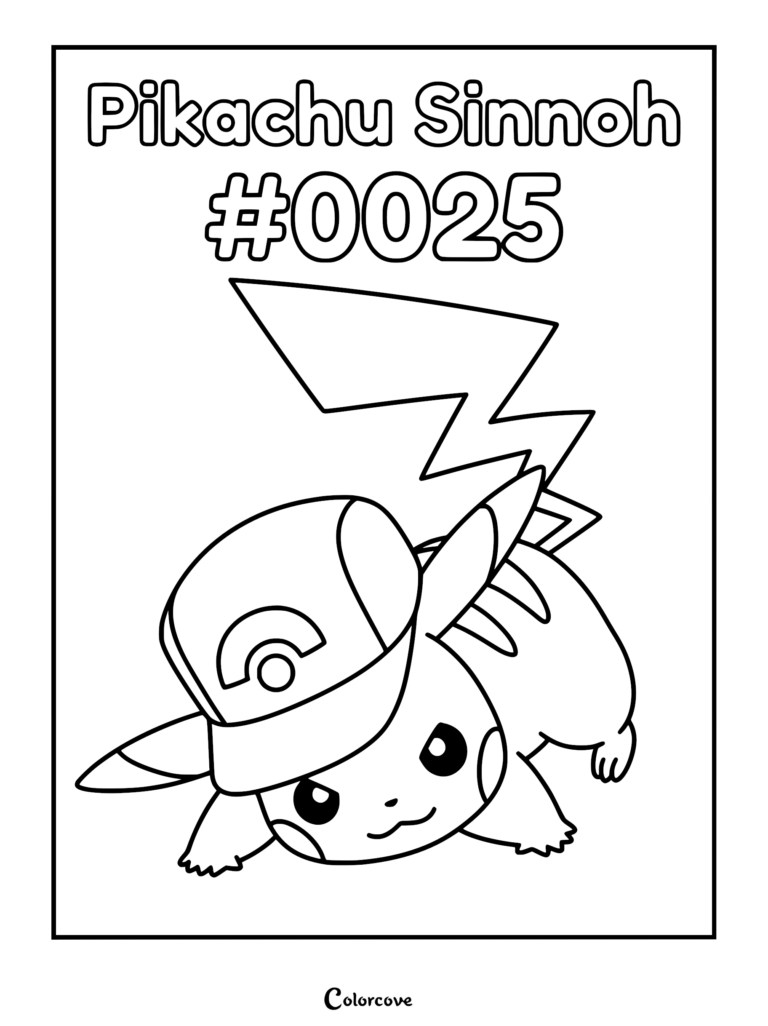 Pikachu wearing a Sinnoh hat in this printable coloring page featuring the number 0025.