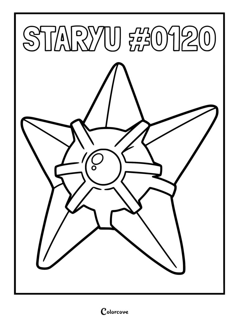 A printable coloring page featuring the Kanto Pokemon Staryu with its signature star shape and central core gem.