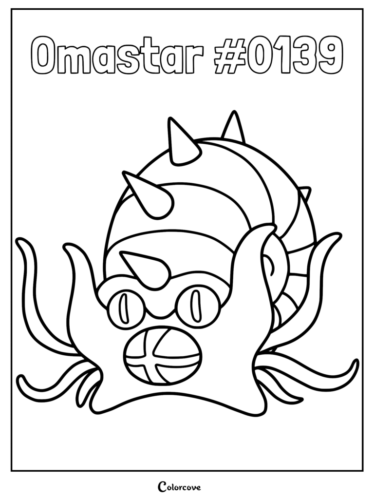 Omastar with its iconic spiral shell and tentacles in a printable coloring page format.