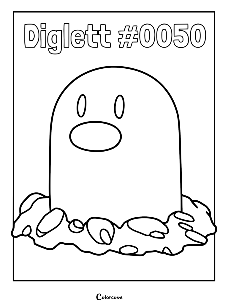 A printable coloring page featuring Diglett #0050 emerging from the ground with simple line art.