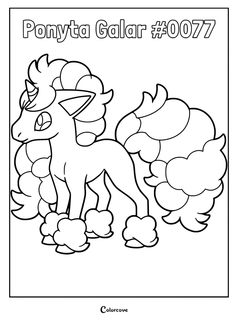 Galarian Ponyta with fluffy mane and tail in a printable coloring page format.
