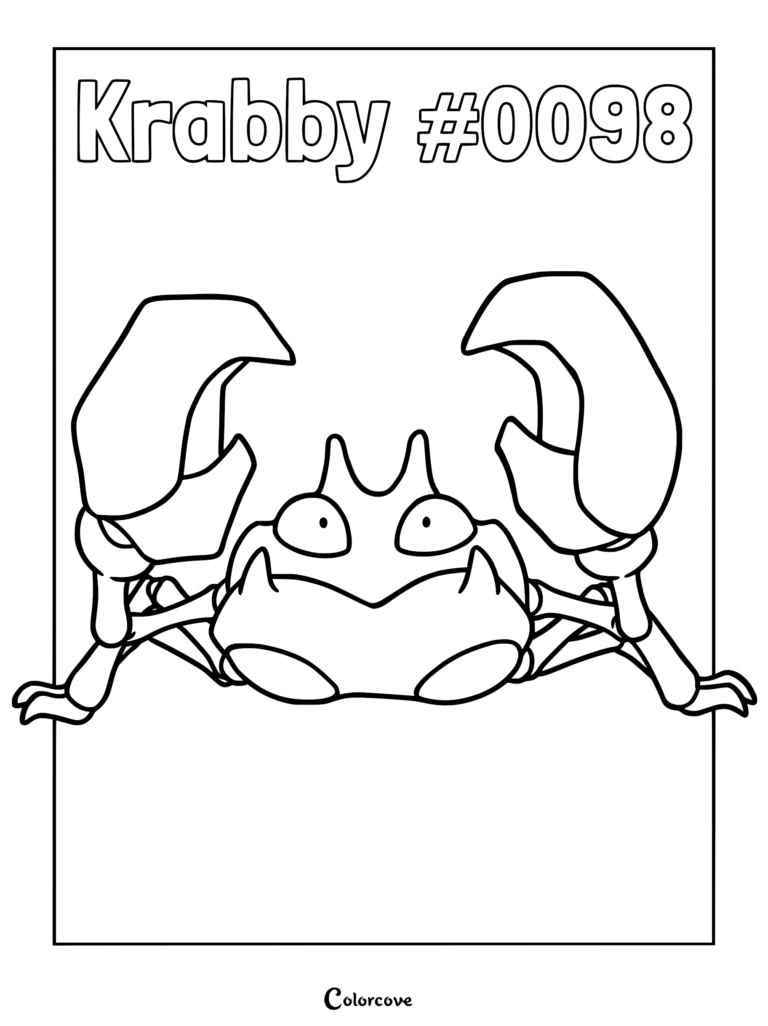 Krabby #0098 Pokemon coloring page featuring the crab-like creature with large pincers raised in a defensive stance.