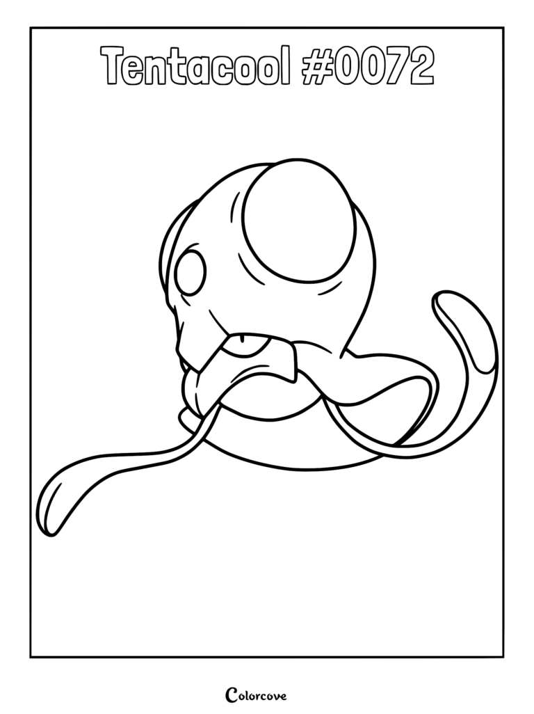 A printable coloring page featuring the Kanto Pokemon Tentacool with its signature tentacles and large red crystal head.
