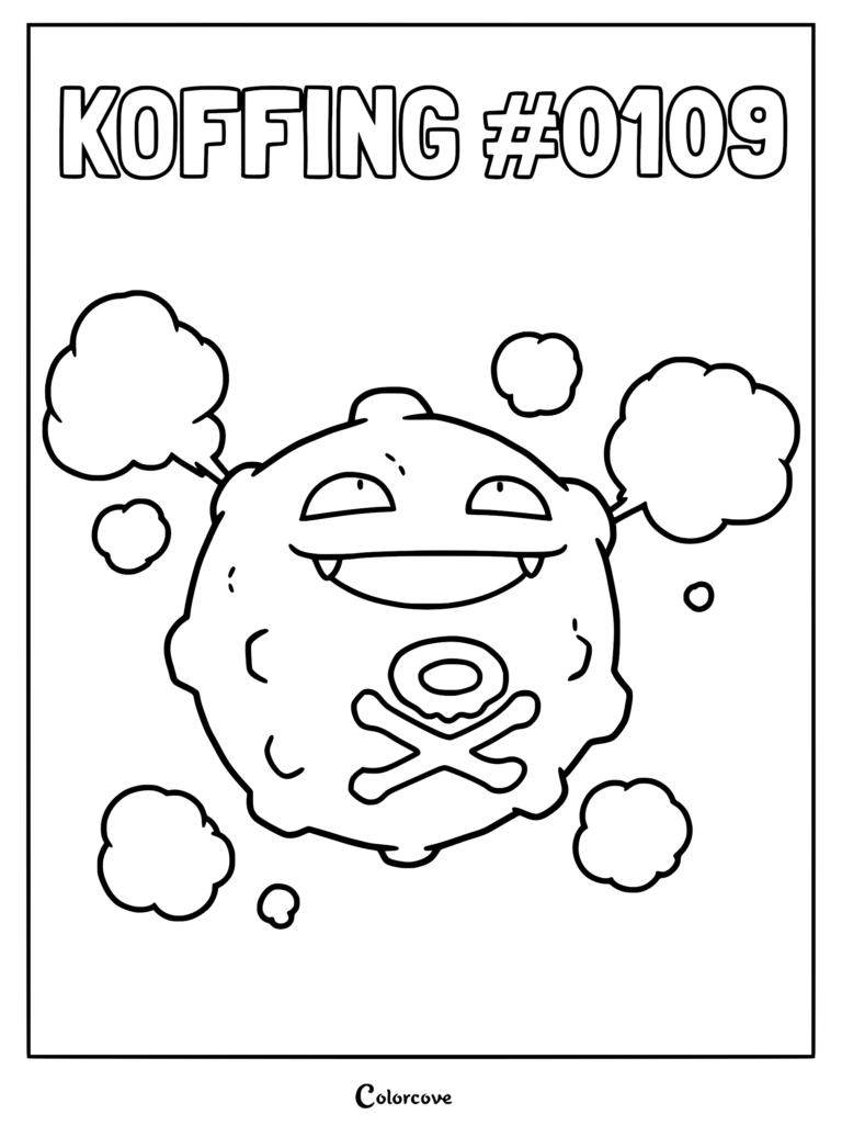 Koffing Pokemon character with a skull and crossbones symbol emitting gas clouds in a printable coloring page.