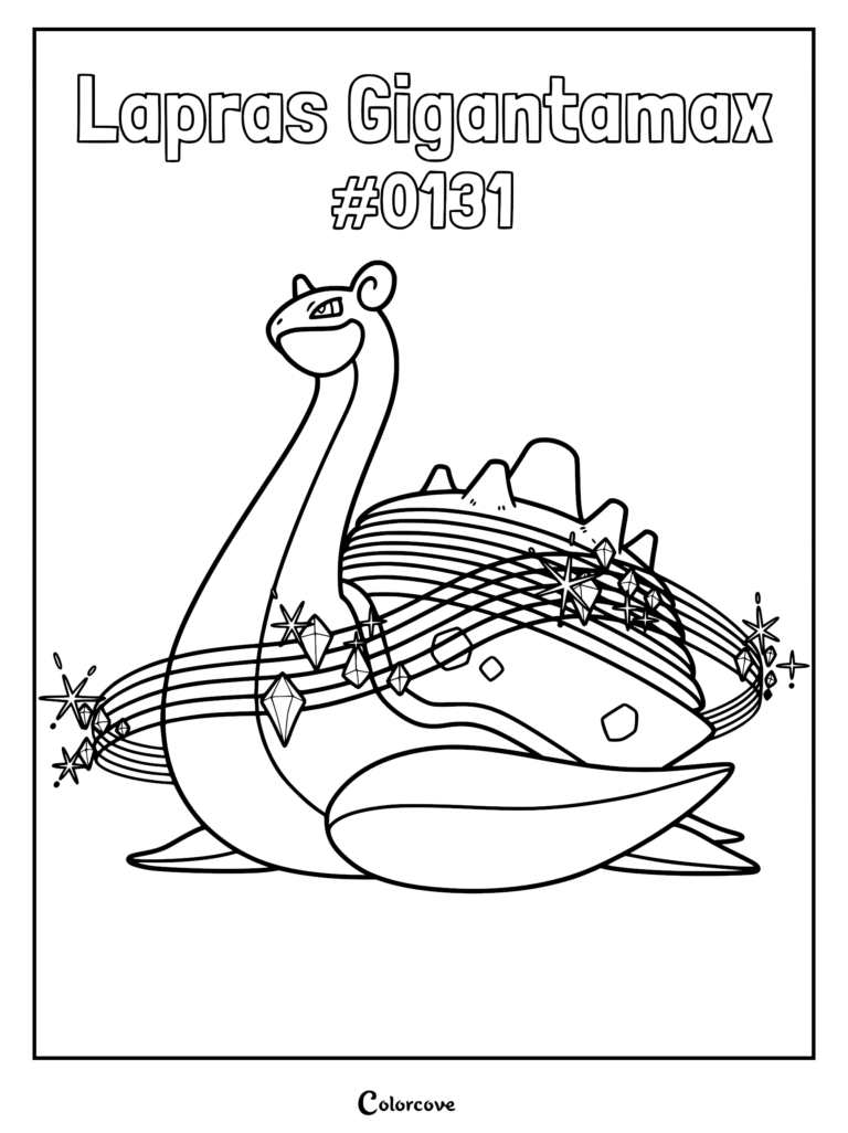 Gigantamax Lapras coloring page featuring the large Pokemon surrounded by musical note rings and floating crystals.