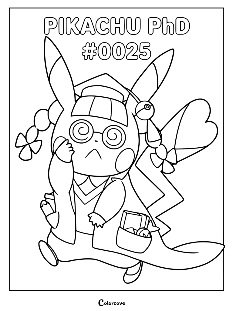 Pikachu PhD wearing a graduation cap and glasses on a printable coloring page.