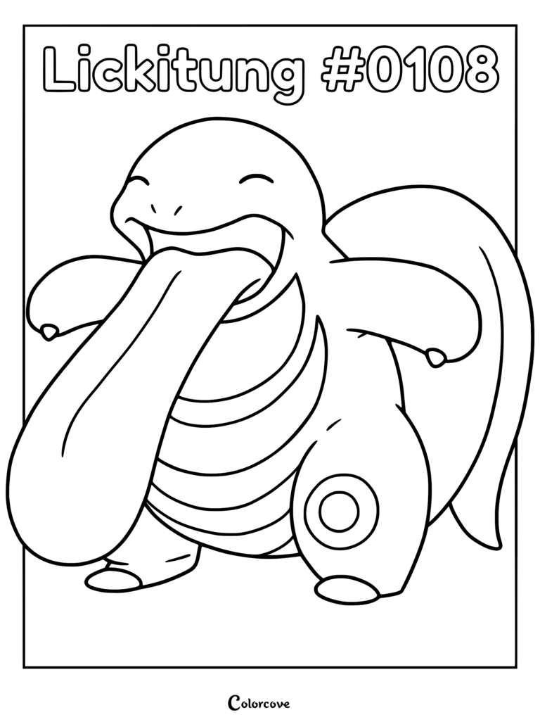Lickitung with its long tongue extended in a printable coloring page format.