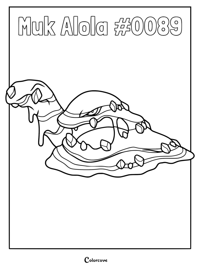 A detailed coloring page featuring Alolan Muk with its signature crystalline shards and sludge-like body.