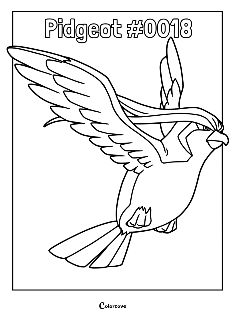 Pidgeot #0018 flying with wings spread wide in a printable coloring page format.