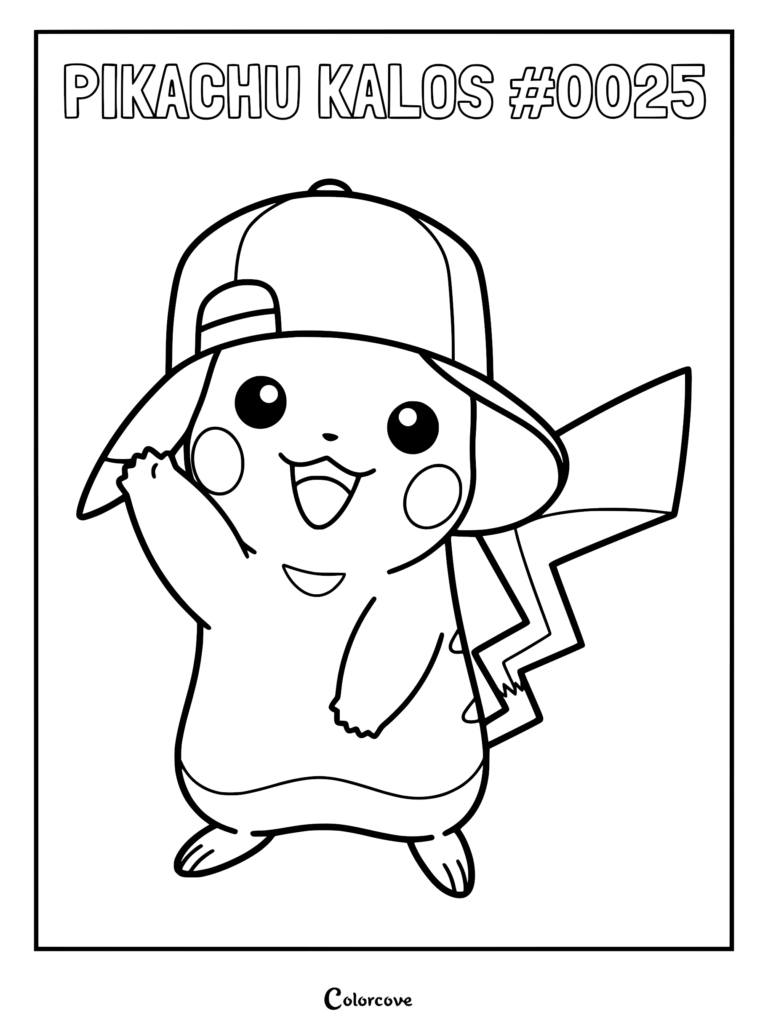Pikachu wearing a Kalos region baseball cap in this printable coloring page.