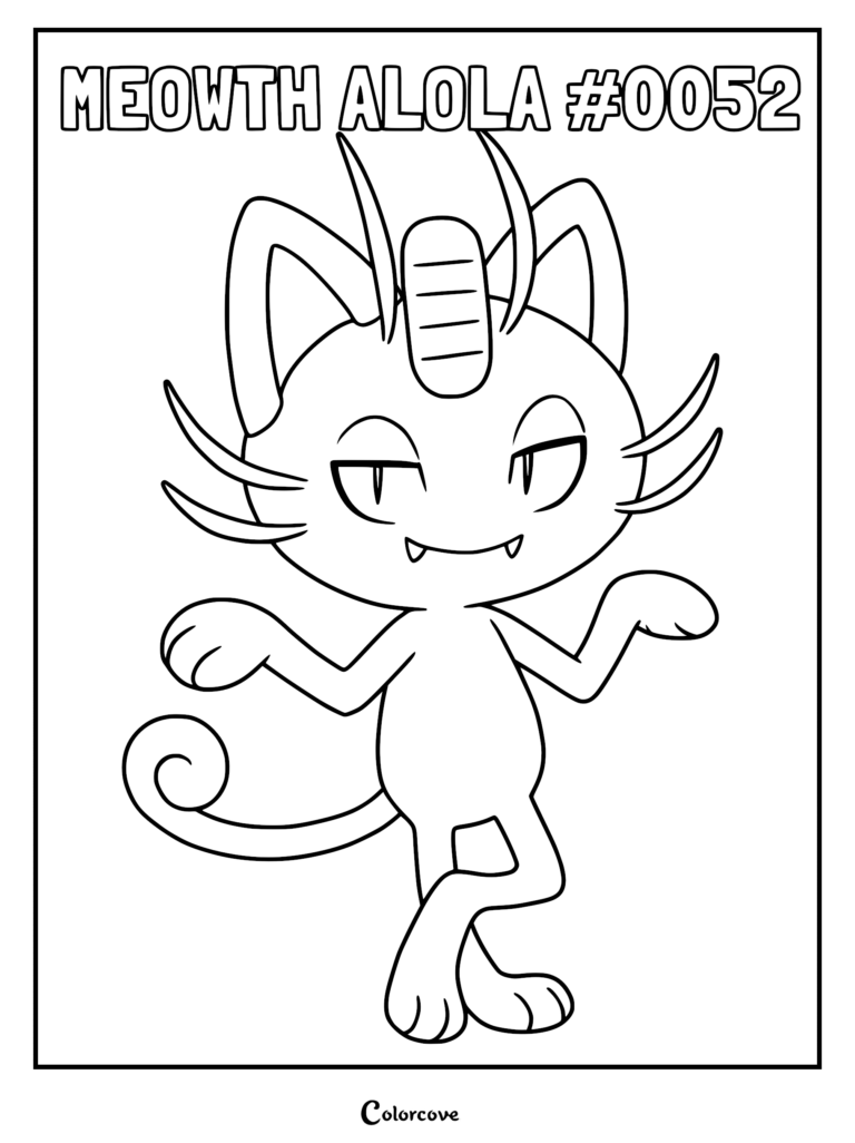 Alolan Meowth with a smug expression and curled tail in a printable coloring page format.