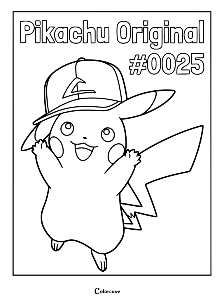 Pikachu Original #0025 wearing a baseball cap in this printable coloring page