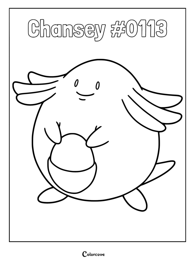 A simple line art coloring page of the round Pokemon Chansey holding its egg.
