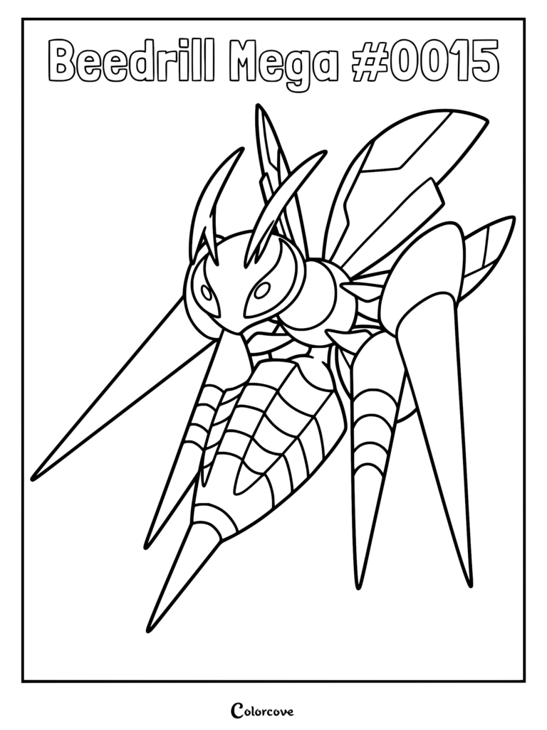 Mega Beedrill with sharp lance-like stingers in a detailed coloring page.