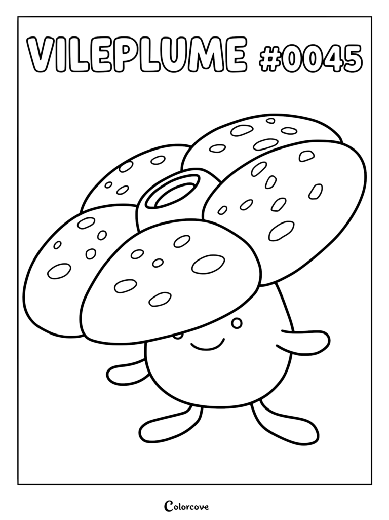 A simple line art coloring page of the Kanto Pokemon Vileplume with its large spotted flower petals.