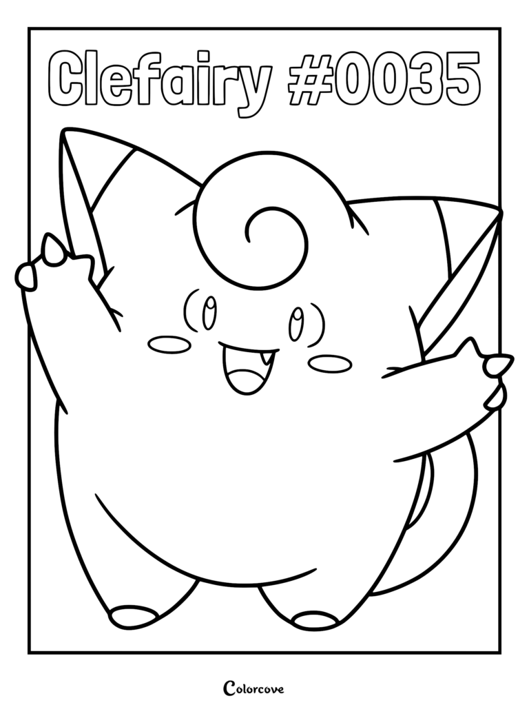 Clefairy #0035 with a curled hair tuft and wide open arms in this printable coloring page.