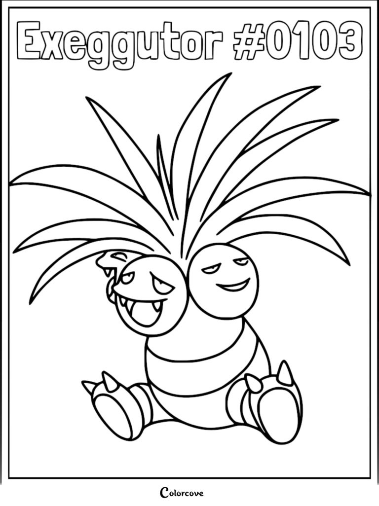 Exeggutor Pokemon #0103 with multiple heads and palm-like leaves in a printable coloring page format.