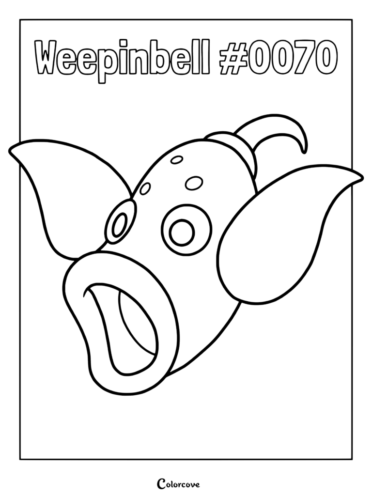 Weepinbell #0070 coloring page featuring the Kanto Grass-type Pokemon with leaf arms and open mouth