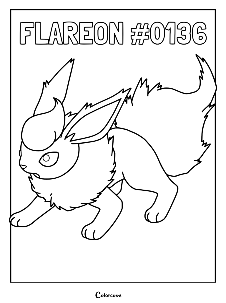 Flareon #0136 standing in a dynamic pose, detailed line art coloring page of the fire-type Pokemon.