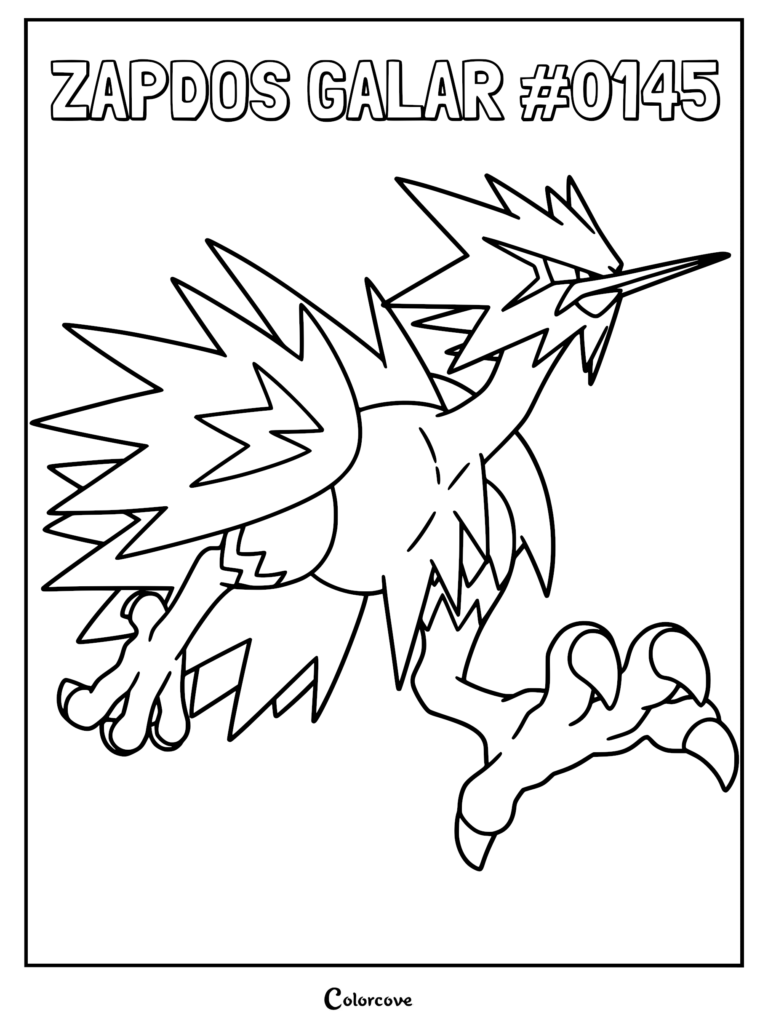 Galarian Zapdos standing in a dynamic pose, detailed line art coloring page of the legendary bird Pokemon.