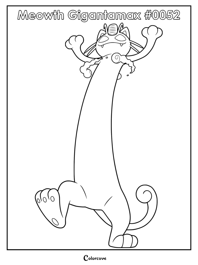 Gigantamax Meowth with an extremely long body and raised arms in a printable coloring page format.