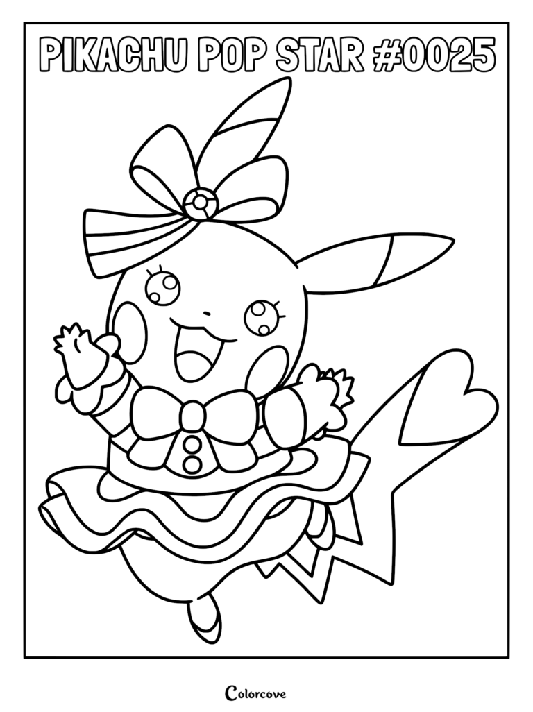 Pikachu Pop Star wearing a large bow and ruffled dress in this printable coloring page.