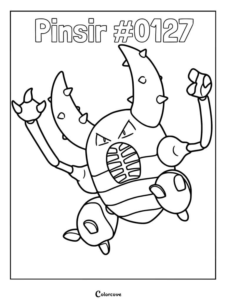 Pinsir with large pincers and spiky horns in a dynamic pose, black and white line art coloring page.