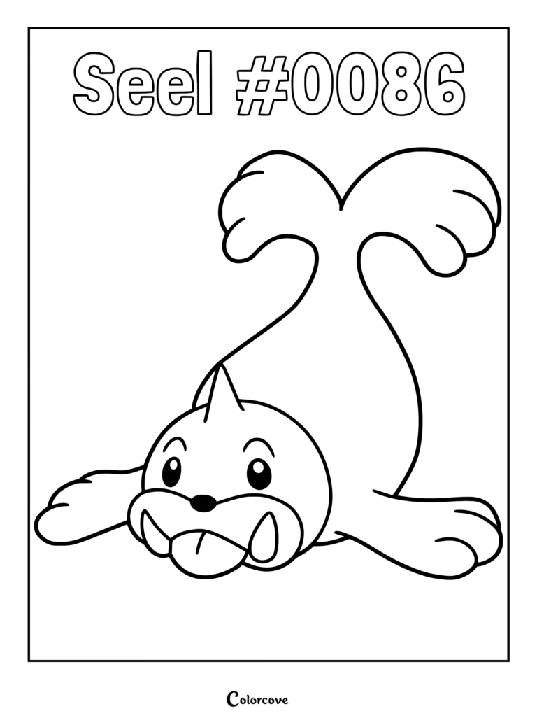 A printable coloring page featuring Seel with its tongue out and tail raised high.