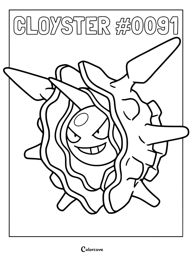 Cloyster with its spiky shell open, featuring a central horn and sharp eyes in a printable coloring page.
