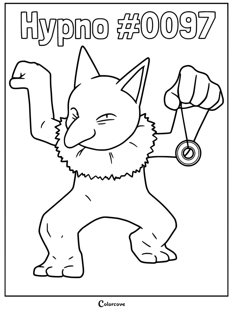 Hypno holding a pendulum in this printable Pokemon Kanto coloring page
