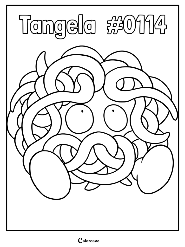 Tangela Pokemon #0114 line art coloring page featuring its signature tangled blue vines and round red boots.