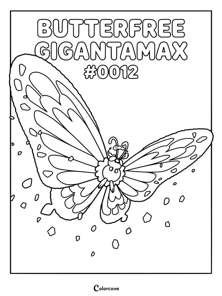 Gigantamax Butterfree with large wings and floating particles in a printable coloring page format.