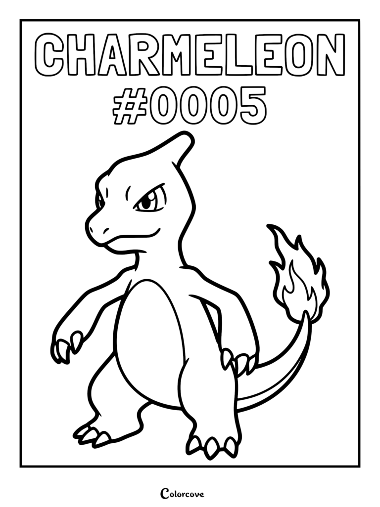 Charmeleon #0005 standing with a flaming tail in this printable coloring page