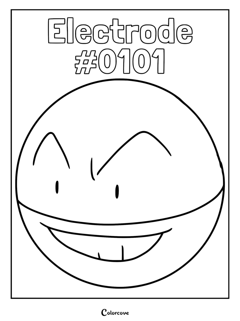 A simple line art coloring page of the spherical Pokemon Electrode with a wide grin and sharp eyes.
