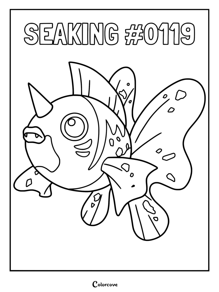 A printable Seaking coloring page featuring the Kanto water-type Pokemon with its signature horn and flowing fins.