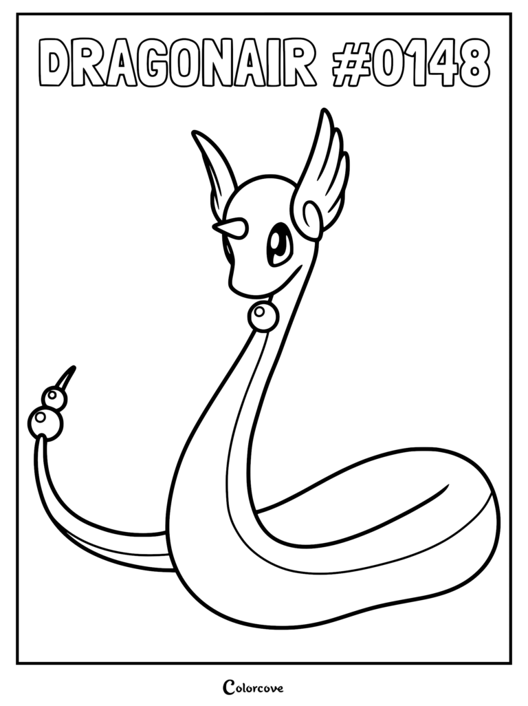 Dragonair Pokemon coloring page featuring the serpentine creature with wing-like ears and blue orbs on its neck and tail.