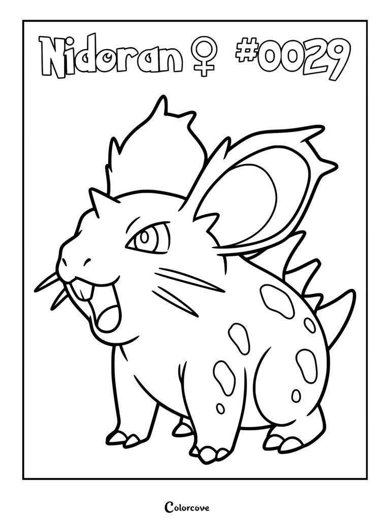 Nidoran Female standing with mouth open and spotted back, printable coloring page for kids
