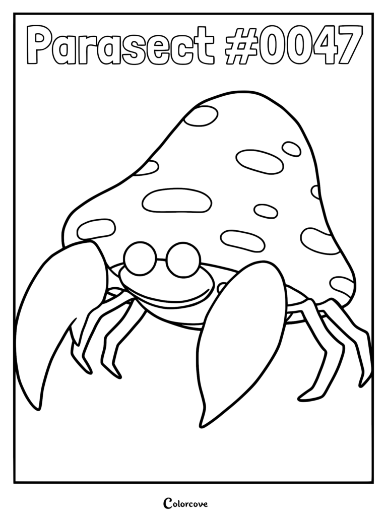 A detailed line art coloring page of the Kanto Pokemon Parasect featuring its large mushroom cap and sharp claws.