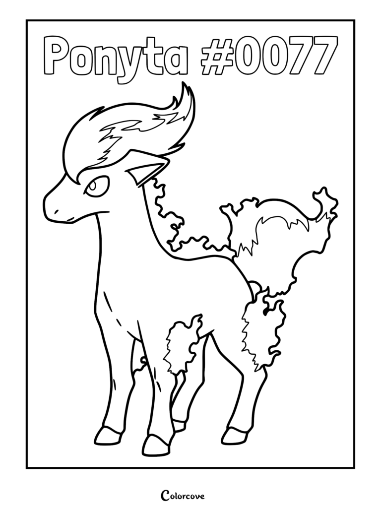 A printable coloring page featuring Ponyta with its signature flame mane and tail standing in profile.