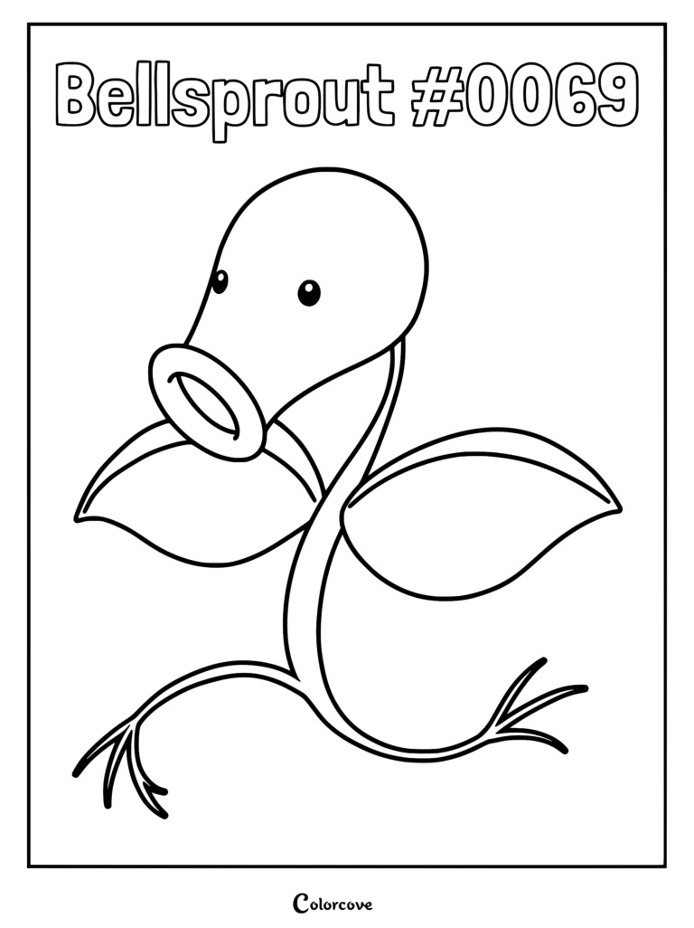 Bellsprout #0069 line art coloring page featuring the plant-like Pokemon with its distinct bell-shaped head and two leaves.