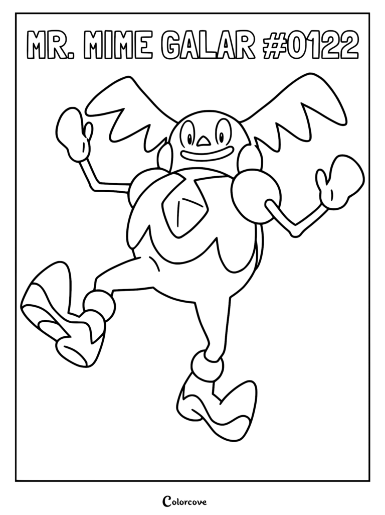 Galarian Mr. Mime dancing with raised arms in a line art coloring page style.