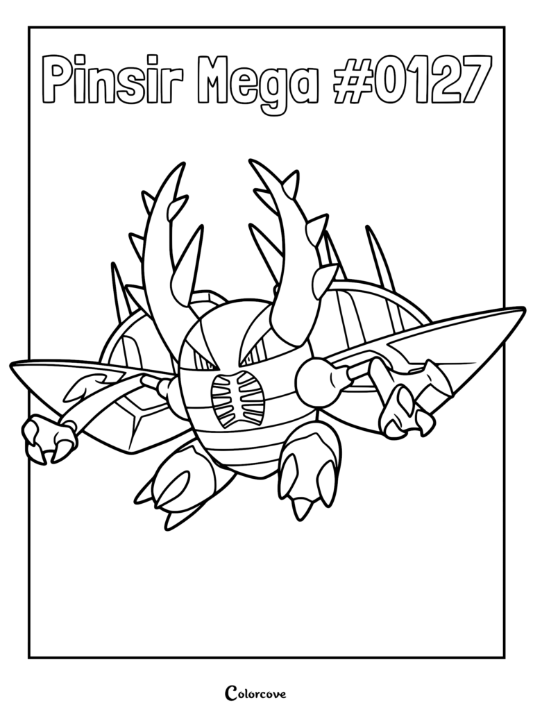 Mega Pinsir with large horns and wings in a printable coloring page format.