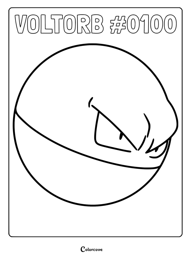 A printable coloring page featuring the spherical Pokemon Voltorb with its signature angry eyes and horizontal line.