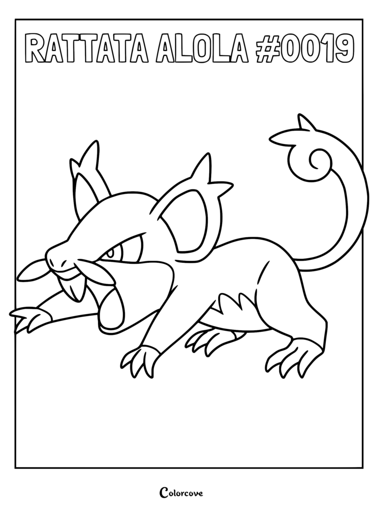 Alolan Rattata with curled tail and sharp fangs in a printable coloring page