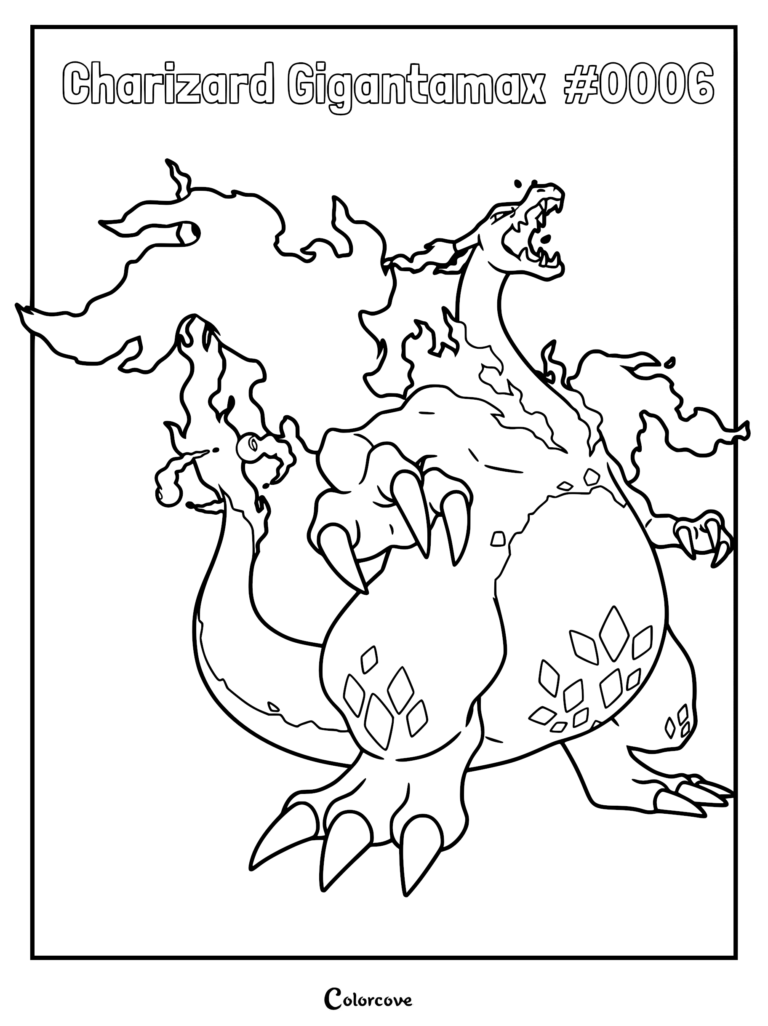 Gigantamax Charizard with massive flaming wings and diamond patterns on its belly in a printable coloring page format.