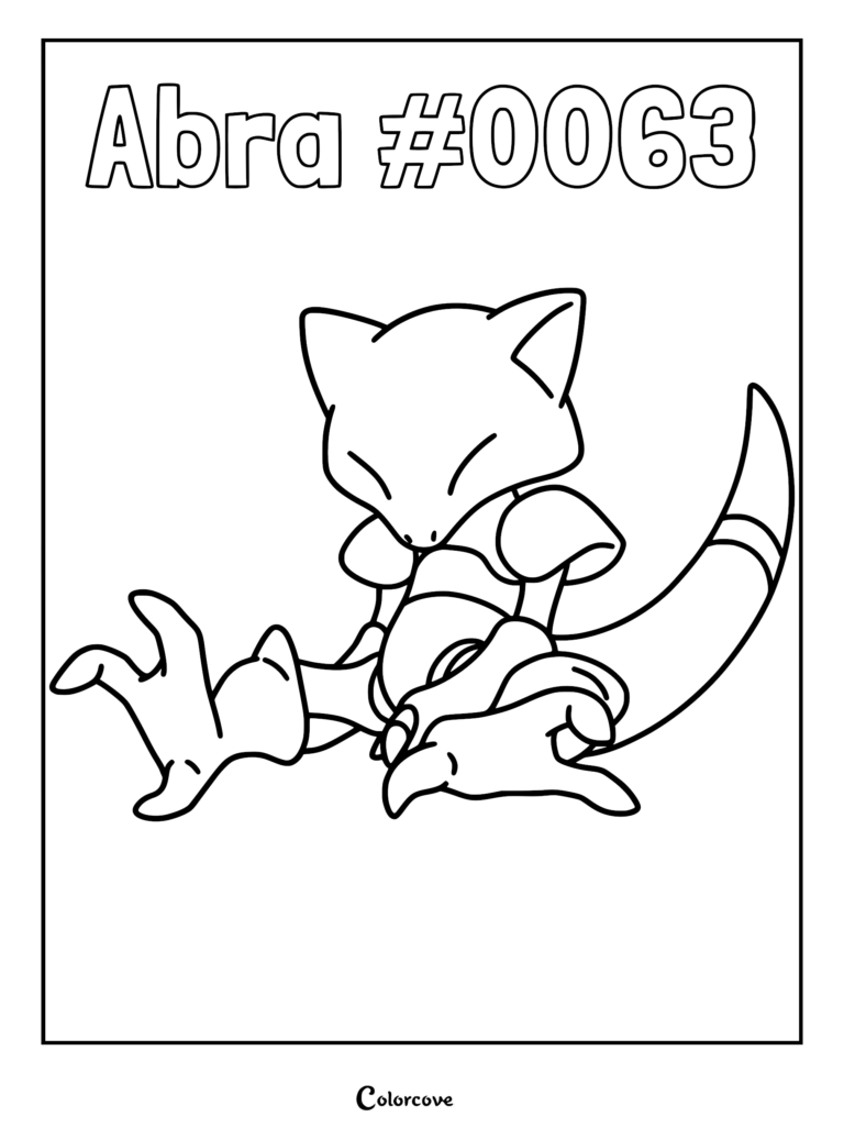 A printable coloring page featuring the psychic Pokemon Abra sitting with its eyes closed and tail curled.