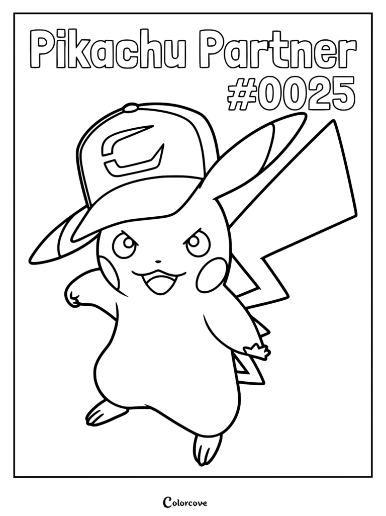 Pikachu wearing a baseball cap in this printable Pikachu Partner #0025 coloring page.